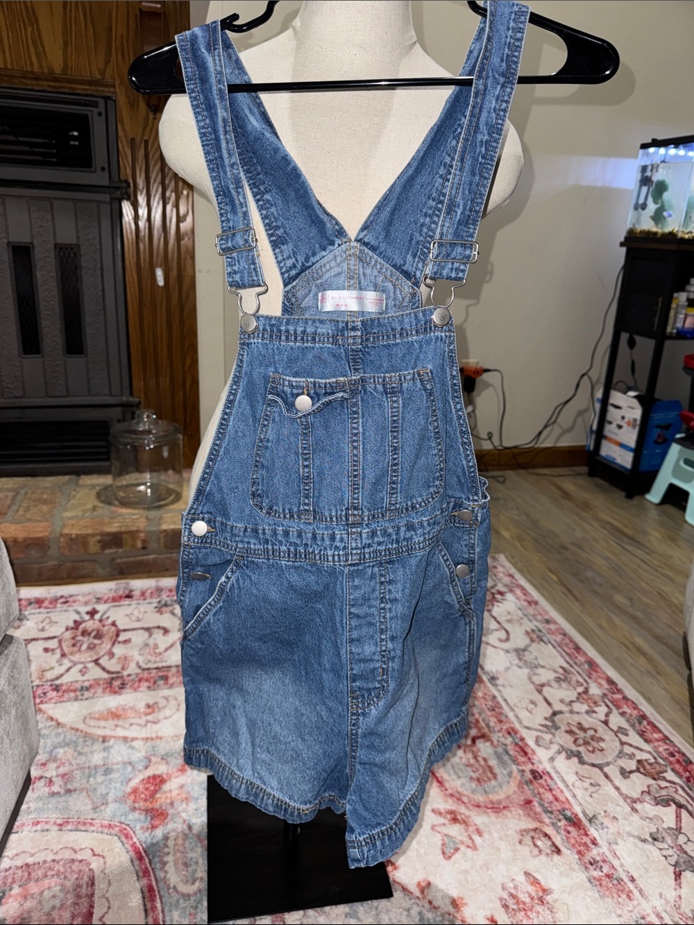 No Boundaries Light Blue Denim Overall Shorts with Contrast Stitching